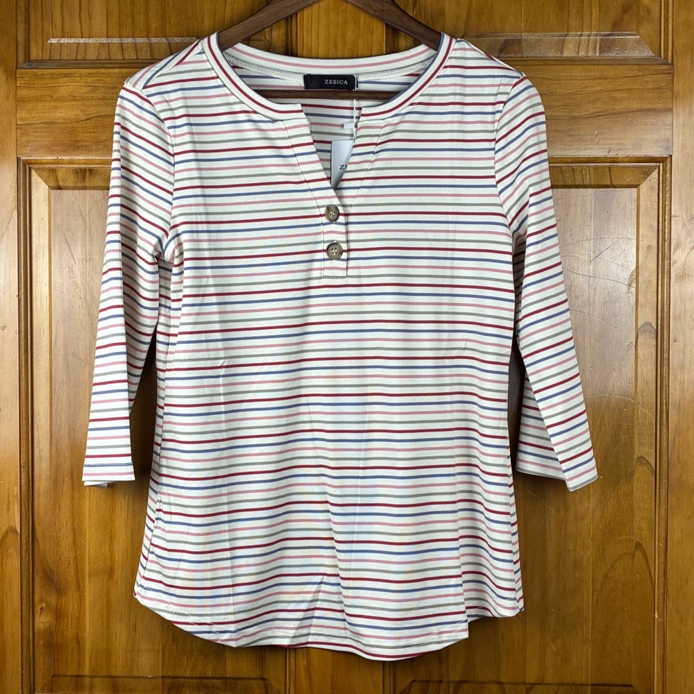 Zesica Womens Striped Henley Top 3/4 Sleeve Ribbed Knit Shirt Small NEW